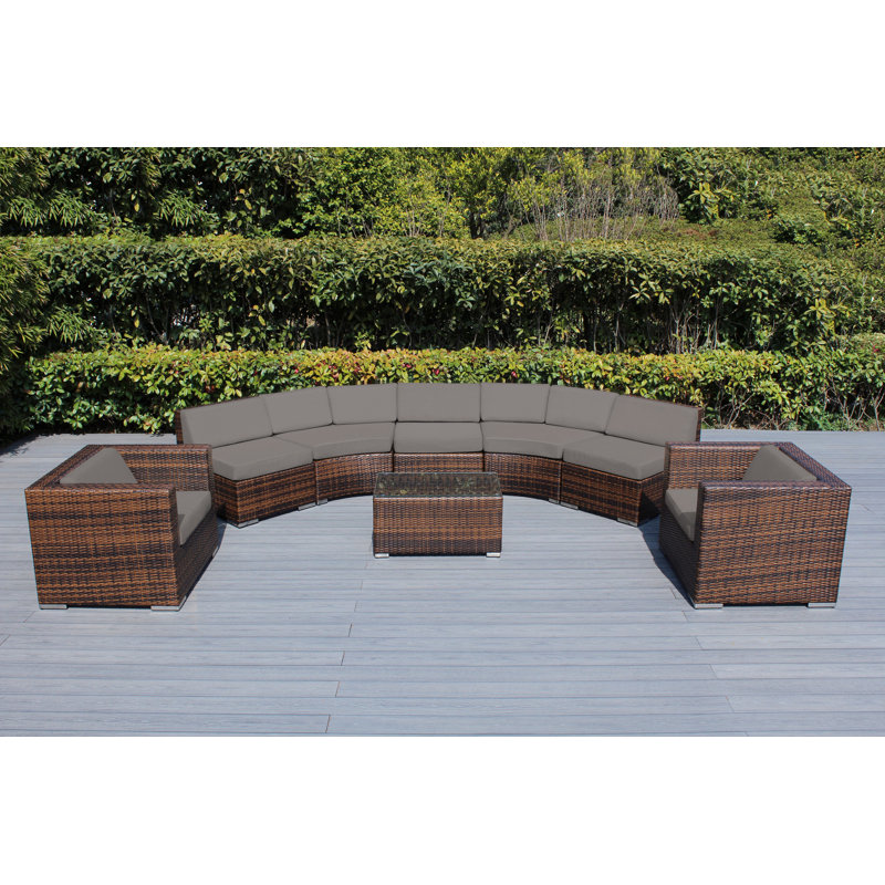 Billyjo Wicker 7 - Person Curved Seating Group with Cushions - No Assembly, Canvas Taupe Sunbrella® Canvas, Mixed Brown