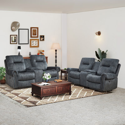 Causeuse inclinable manuelle en microfibre de 76,77 po de largeur avec console centrale et garniture cloutée (ensemble de 2)