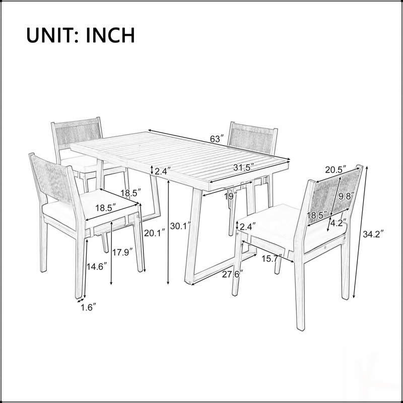 Ensemble de table de salle à manger et de chaises d'extérieur durable en bois d'acacia avec coussins épais et confortables pour une utilisation toute l'année