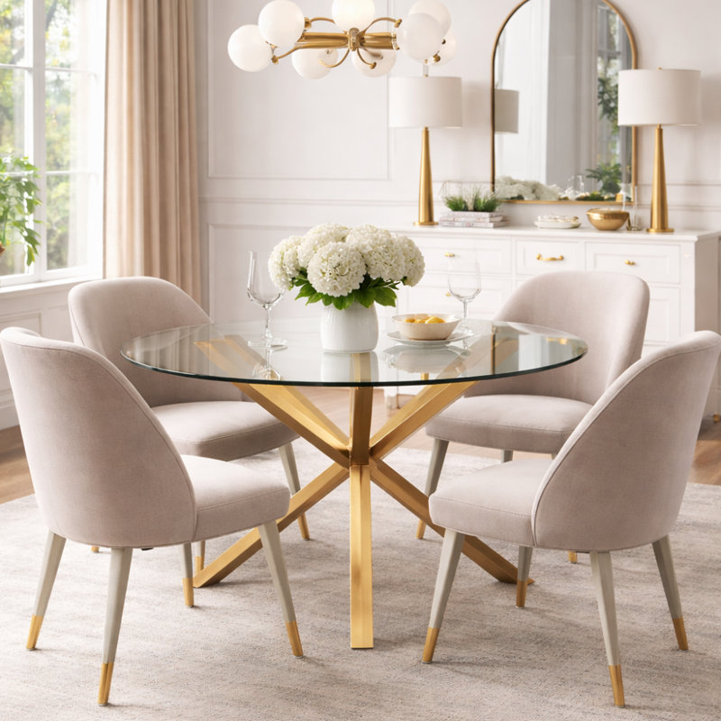 Table de salle à manger ronde en verre trempé avec base en métal doré, table de cuisine ou de salle à manger moderne, conception à 3 piédestaux