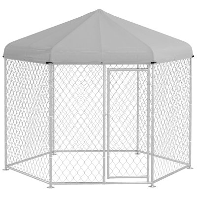 Piste pour chien 9,2 'x 8' x 7,7 'avec toit imperméable et résistant aux rayons UV, porte verrouillable, pour chiens de taille moyenne et grande, argent
