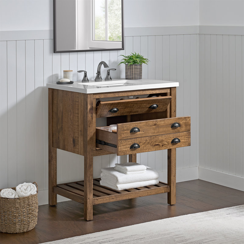Grigg Free-Standing Single Vanity with Cultured Marble Top, Natural Brown