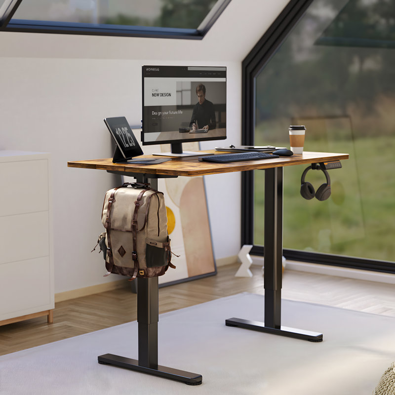 Bureau debout électrique à hauteur ajustable avec crochets, H 46,5 po x l 48 po x P 24 po, Blanc / blanc