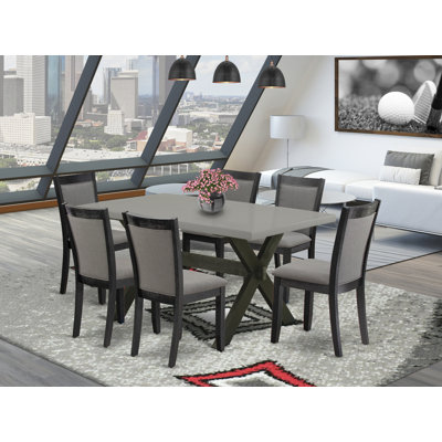 7 Piece Dining Table Set Consist of a Rectangle Kitchen Table with X-Legs and 6 Dark Gotham Grey Linen Fabric Upholstered Chairs, Wire brushed Black