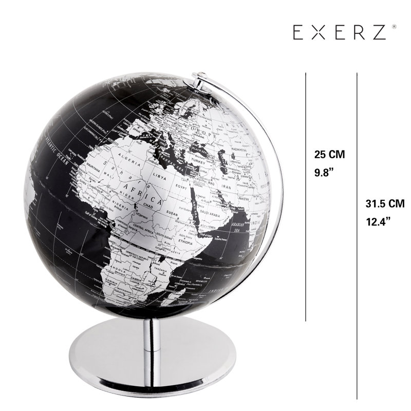 Exerz World Globe With A Metal Base, Metallic Black Earth Globe Geographic English Modern Map Desktop Decoration
