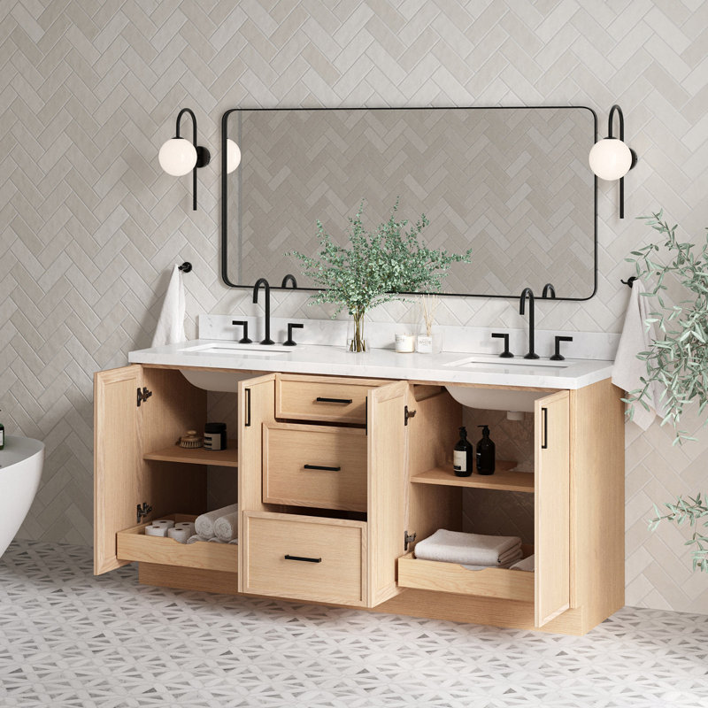 Meuble-lavabo à double cuve ARIEL Kelly 73 avec comptoir en quartz pur, Chêne, Forme rectangulaire, Quartz blanc de Carrare