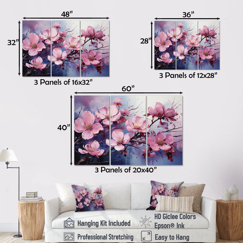 Dogwood Blossoms In Amethyst Hues - ensemble d'art mural cornouiller, Toile tendue, H 40 po x l 60 po x P 1 po