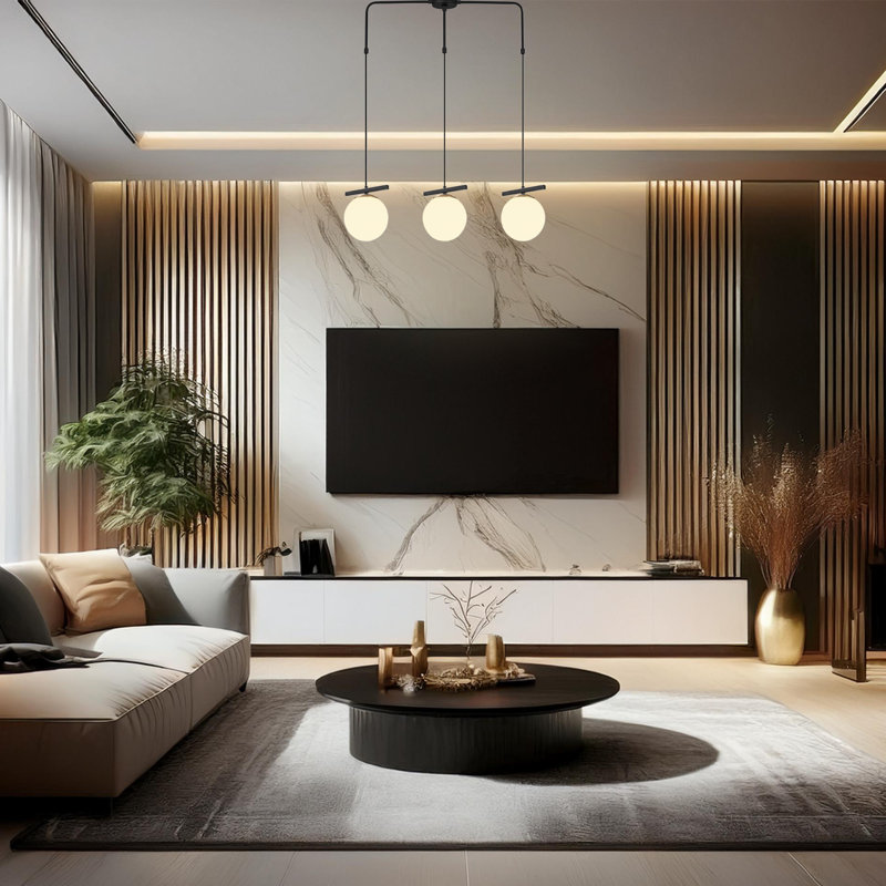 Lustre industriel moderne, hauteur réglable, 31,9 po x 5,9 po | Corps en métal avec capuchon en verre, hauteur 50,0 pouces | 3 x douille E27 de 40 W maximum, finition blanche et noire | Parfait pour les décors scandinaves et fantaisistes | Comprend les