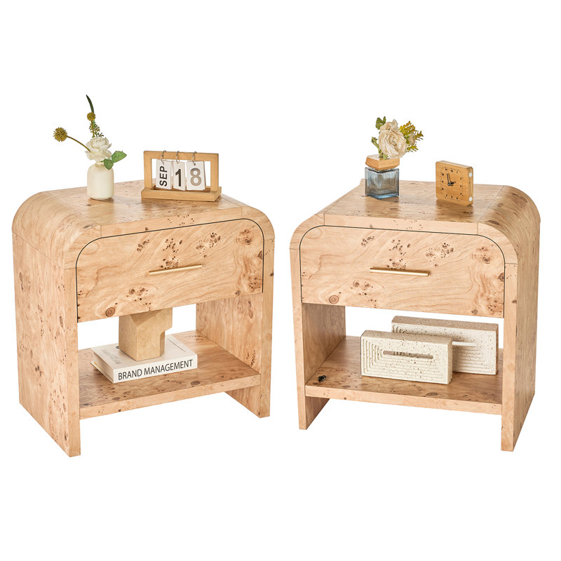 Modern Nightstand Set Of 2 Wooden Bedside Tables With Smooth Rounded Corner Design, Light Brown