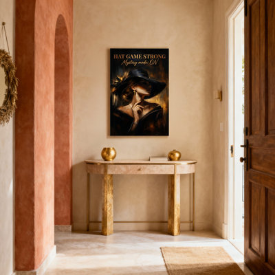 Tableau sur toile tendue « Hat Game Strong Mystery Mode » : portrait d'une femme coiffée d'un chapeau, rehaussé de touches dorées et d'un éclairage dramatique, idéal pour décorer un salon, une chambre ou un bureau.