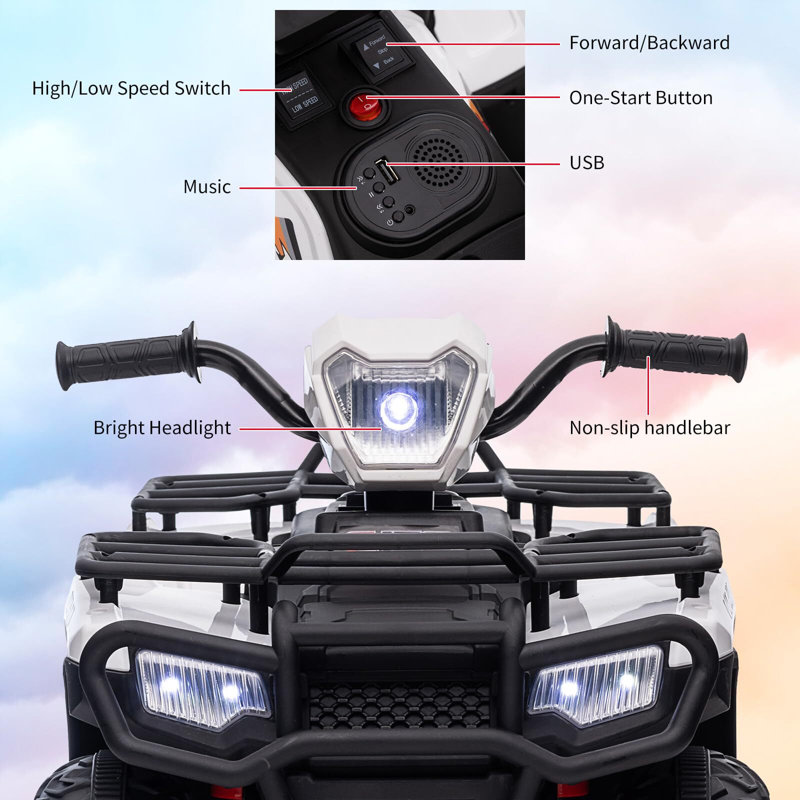 White 12V Kids Quad ATV with LED Lights and Music