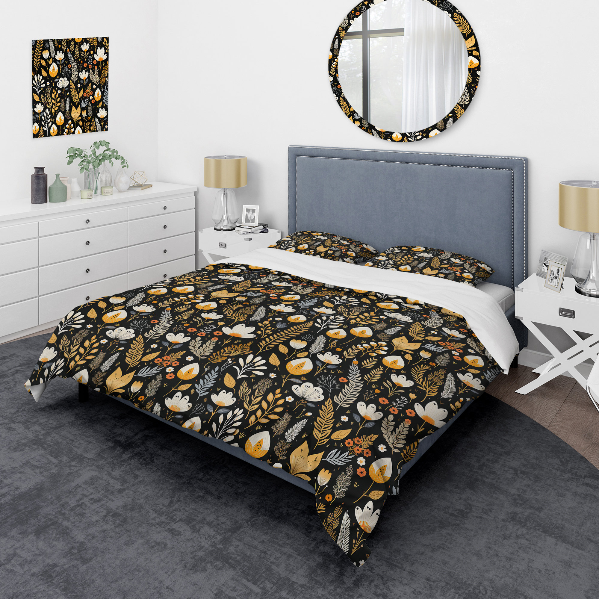 East Urban Home Rustic Black And Yellow Garden Charm I Floral Duvet