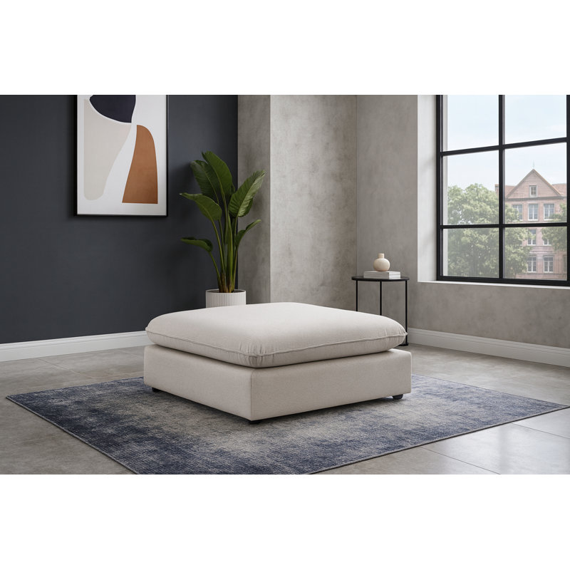 Upholstered Ottoman, Beige Linen Textured Fabric