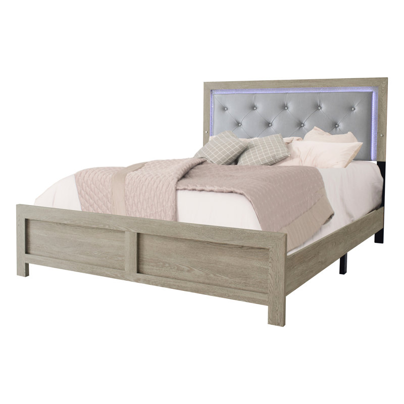 Lit à panneaux très grand moderne avec tête de lit, revêtement en similicuir beige, boutons, motif de chambre à coucher en bois, accessoire robuste