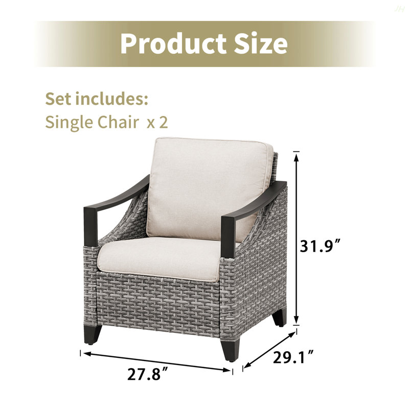 Outdoor Lounge Gray Wicker Chair Set Of 2, Patio Lounge Chairs With Beige Cushions For Porch Or Deck, Beige
