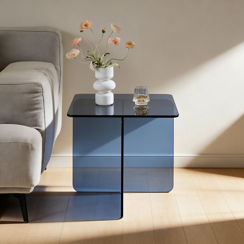 Modern Square Clear Tempered Glass Side Table with Cross Base and Minimalist Design, Smoke Gray