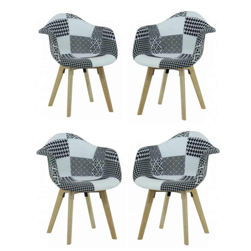 Caden Fabric Upholstered Back Side Chair in Black/White | Solid Wooden Legs, 4