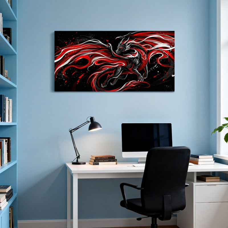 Animaux, dragon rouge avec des ailes et des flammes, H 28 po x l 58 po
