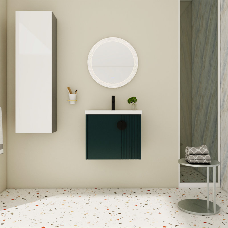 Green Wall-Mounted Bathroom Vanity with Ceramic Sink and Metal Handles