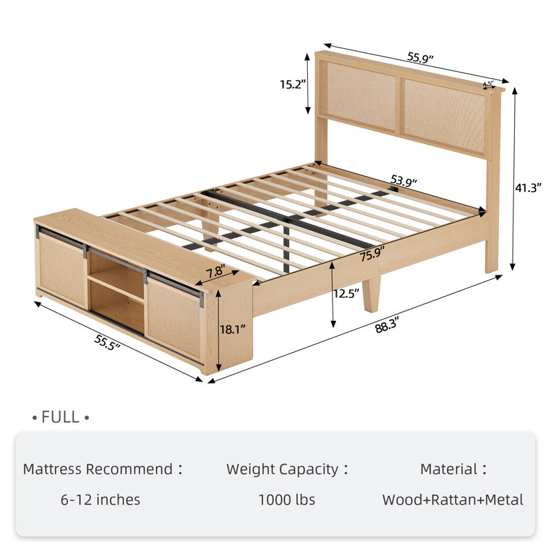 Natural Rattan Bed Frame with Sliding Barn Door Storage Cabinets, Full