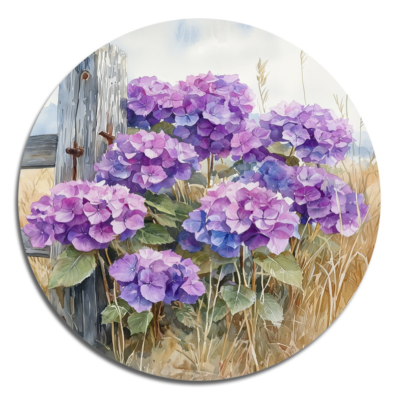 Hydrangeas at the Farm Fence I - reproduction d'art traditionnelle mauve en métal, H 36 po x l 36 po