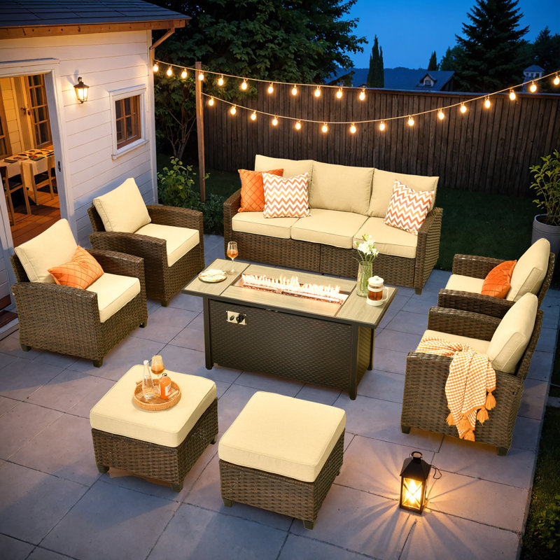 Lou 7 - Person Outdoor Conversation Set, Wicker Patio Sofa & Chair Set with Fire Pit and Cushions, Beige, Yes
