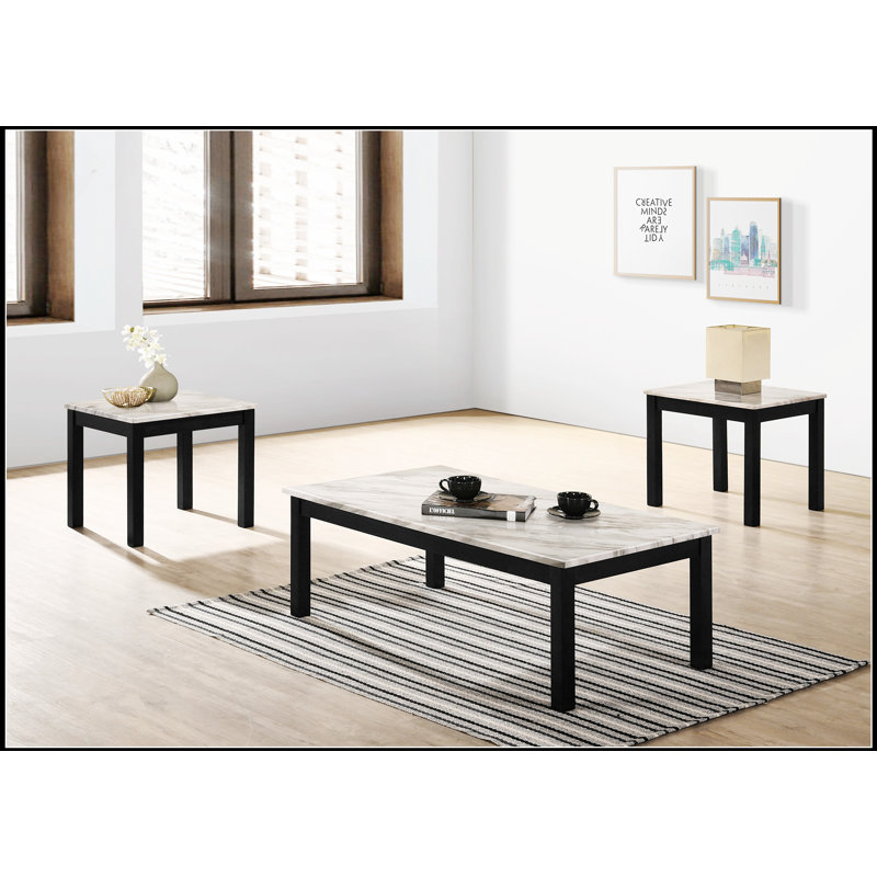 Ensemble de table basse et de table d'appoint 3 pièces Majestic White, Blanc, Noir, Marbre