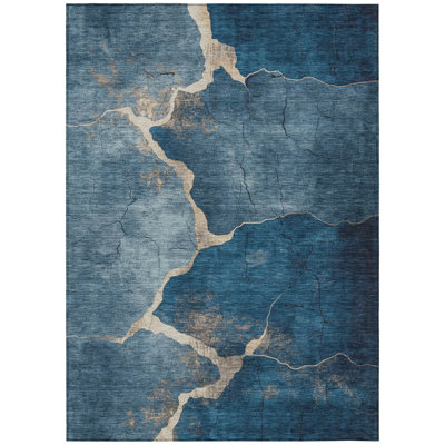 Machine Washable Indoor/Outdoor Xhevrie Navy Rug