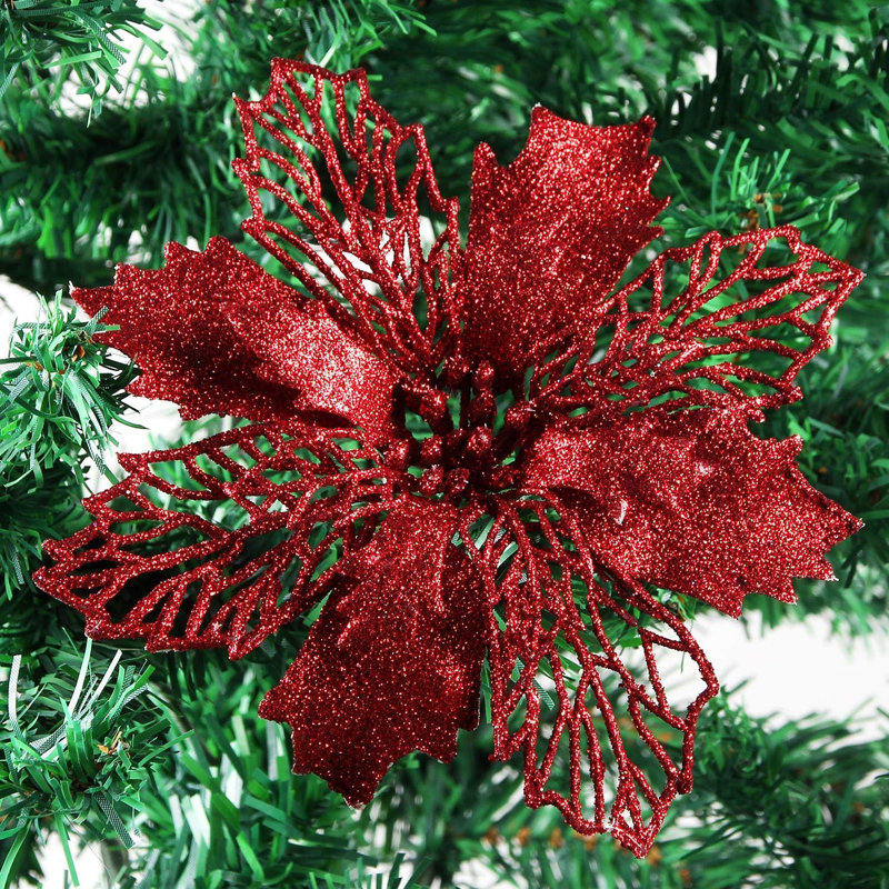 10 pièces de fleurs de Noël scintillantes à motif de poinsettias rouges 4 po