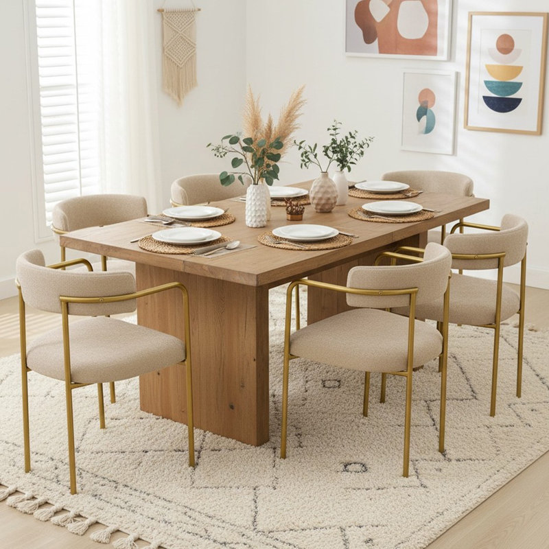 Boucle Upholstered Dining Armchair, Taupe, 6, Gold