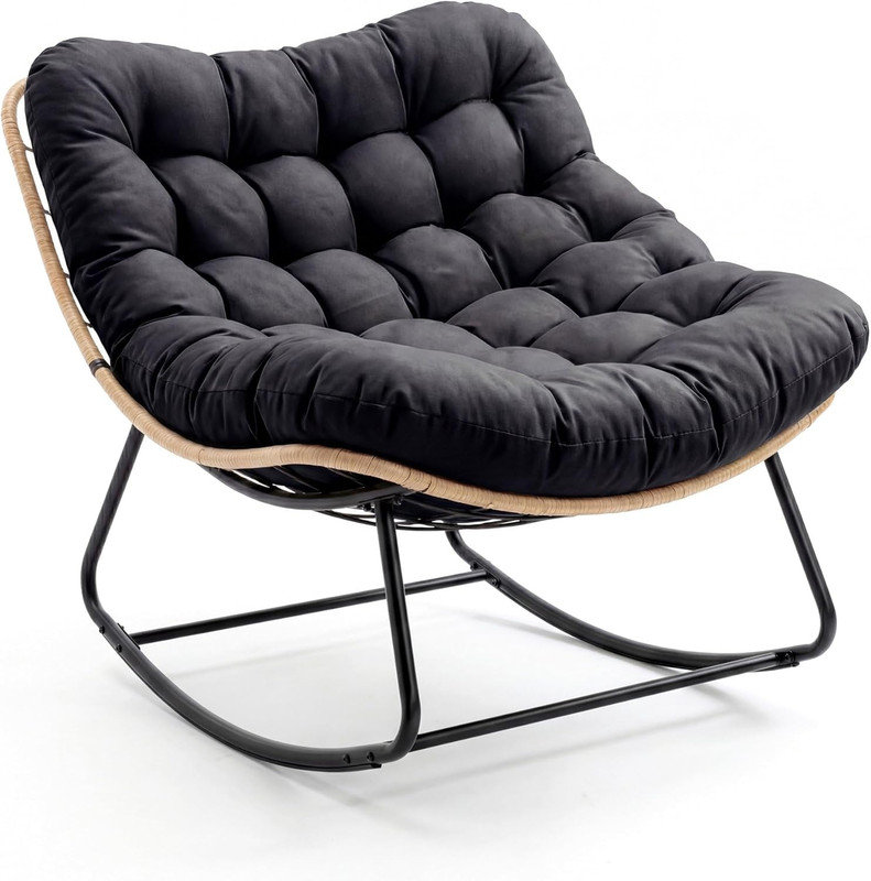 Chaise berçante d'une capacité de 450 lb avec coussin épais - Structure en métal robuste, tissu résistant à l'eau, pieds arqués simples pour le patio, le jardin et le salon