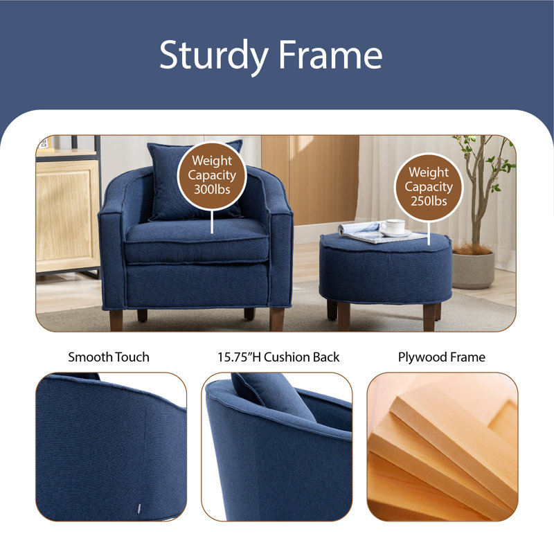 Fauteuil demi-tonneau avec repose-pieds Ohman 29,13 pouces de large, 100 % lin bleu marine