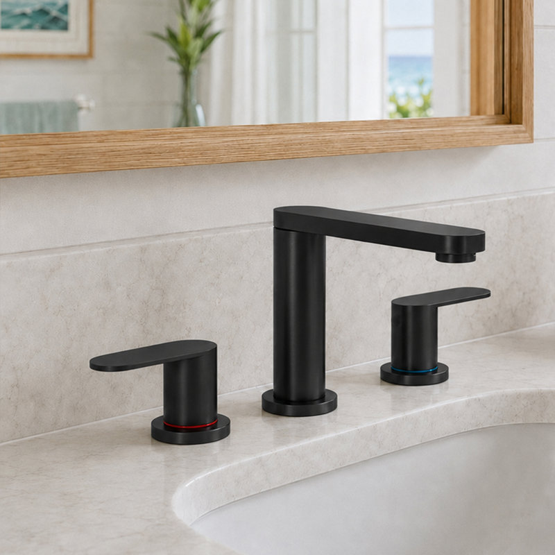 8 po Robinet pour salle de bain à 2 poignées avec drain escamotable noir mat Waterfall, Noir mat