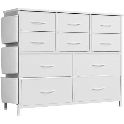 Commode 10 tiroirs pour chambre à coucher - Commode avec poches latérales et crochets, grande tour de rangement en tissu avec structure en métal et plateau en bois pour le salon, le couloir, le placard (blanc)