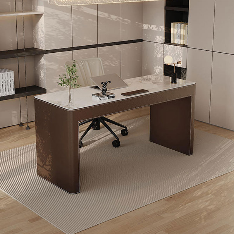 Bureau blanc / brun clair + bois massif + bois manufacturé + cuir avec bureau à 3 tiroirs