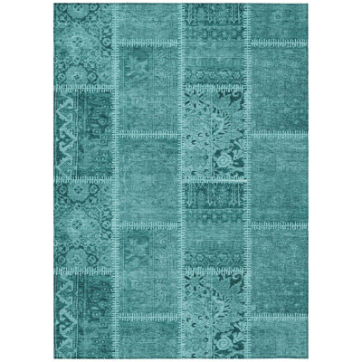 5' X 8' Turquoise Teal Blue And Aqua Patchwork Washable Indoor Outdoor Area Rug