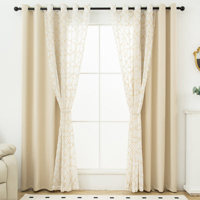 Embroidery Sheer & Solid Blackout Curtain Panel Pair Set, 4 Piece Treatment For Living Room & Bedroom
