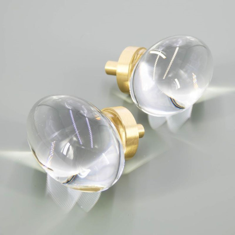 1 3/4" Oval Amber Glass Knob, Brushed Brass/Clear