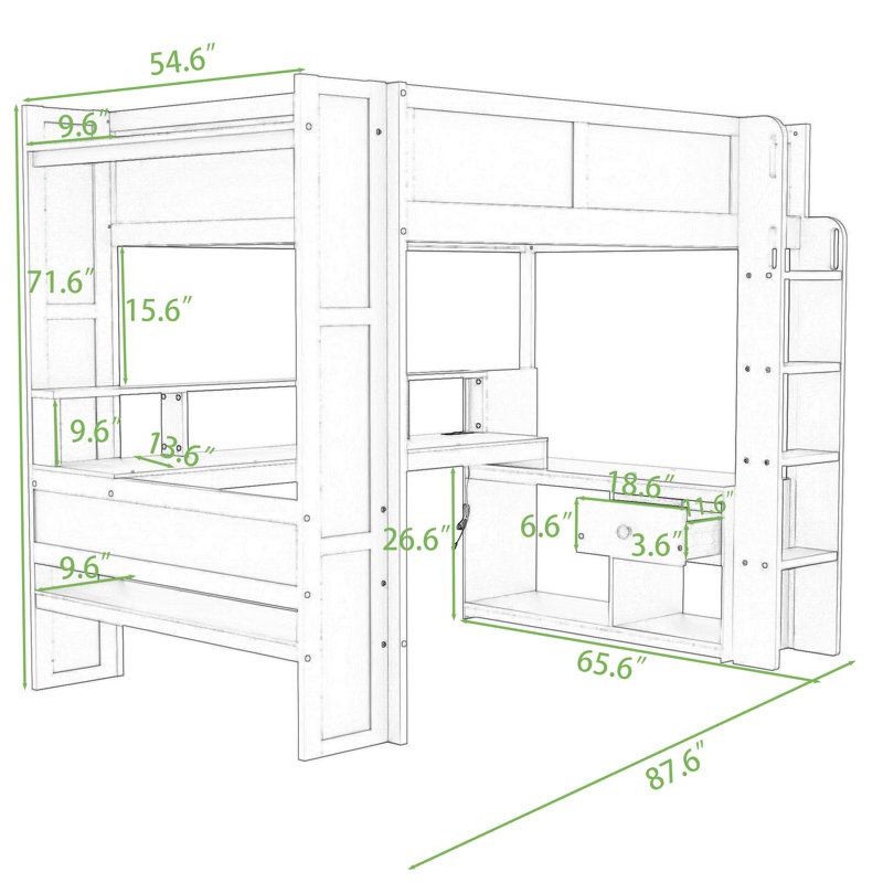 Wood Loft Bed With Desk, Multi-Storage Shelves, LED And Charging Station, Full