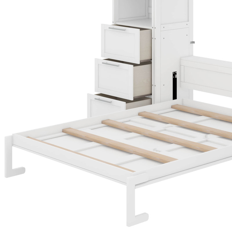 Grand lit escamotable mural avec placard, tiroirs et tablettes, Blanc