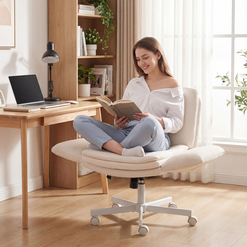 Cross-Legged Home Office Chair with Flip-up Armrests, 2 Side Pockets, Beige