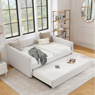 Daybed With Trundle Upholstered Sofa Bed, With Vertical Stripes, Linen Fabric, (82.5"X58"X30")