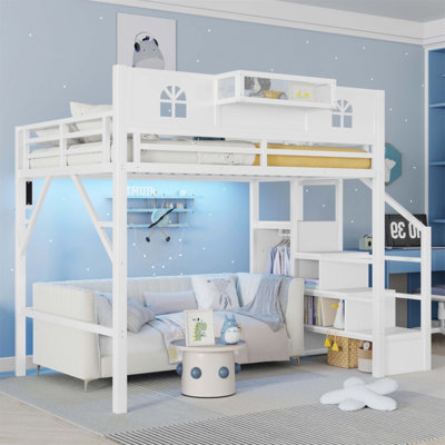 Full Size Metal Loft Bed With Stairs, High Guardrails, And Built-In Wardrobe For Space-Efficient Kids And Teens Rooms