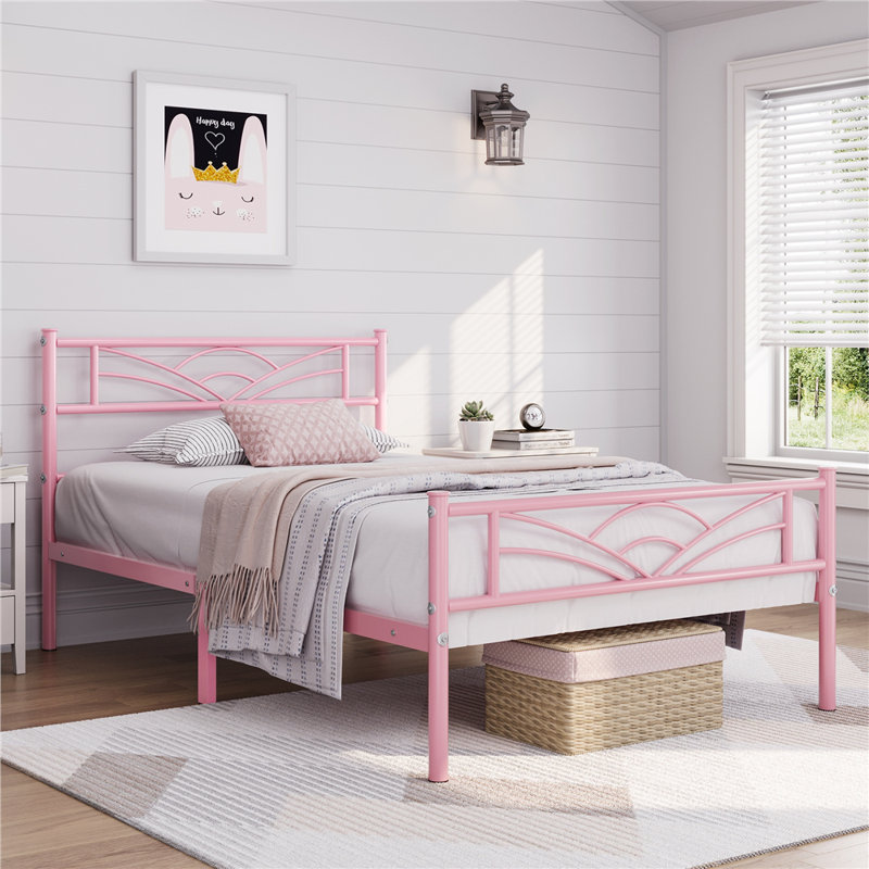 88.5cm Height Metal Bed Frame with Cloud-inspired Design Headboard, Single (3'), Pink
