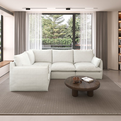 Canapé en L 96,6 po en forme de L, canapé modulaire en tissu anti-éclaboussures en mélange de lin pour le salon, canapé modulaire convertible modulaire avec sièges profonds et haut dossier, housses de canapé lavables