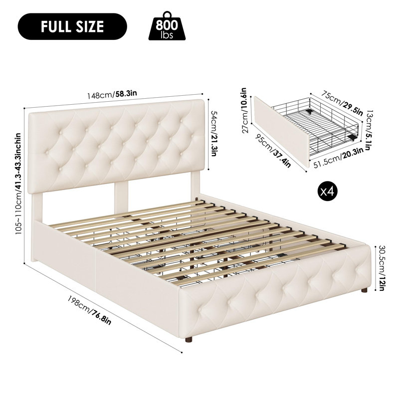 Structure de lit moderne avec 4 tiroirs, Lit double, Noir