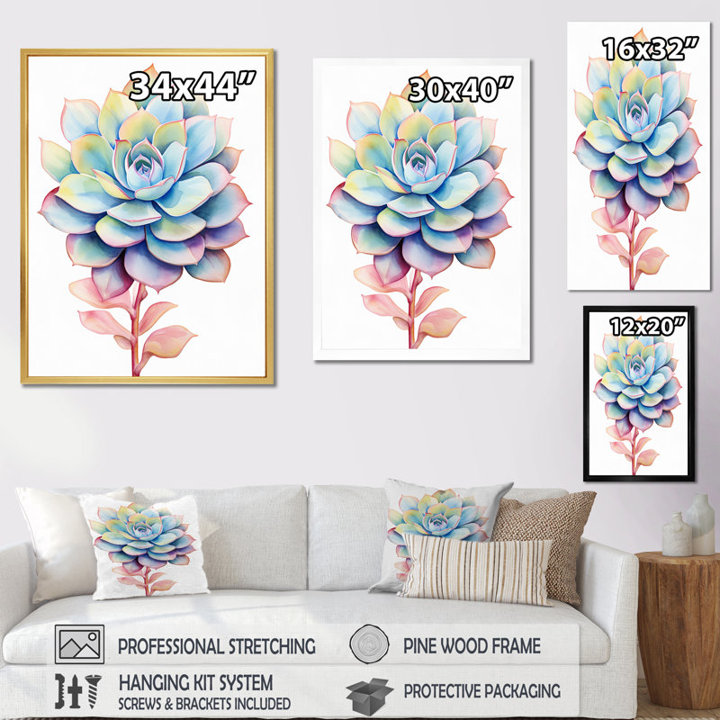 «Blossoming Succulent In Tender Retro BlueI», reproduction sur toile, H 40 po x l 30 po, Cadre flottant doré