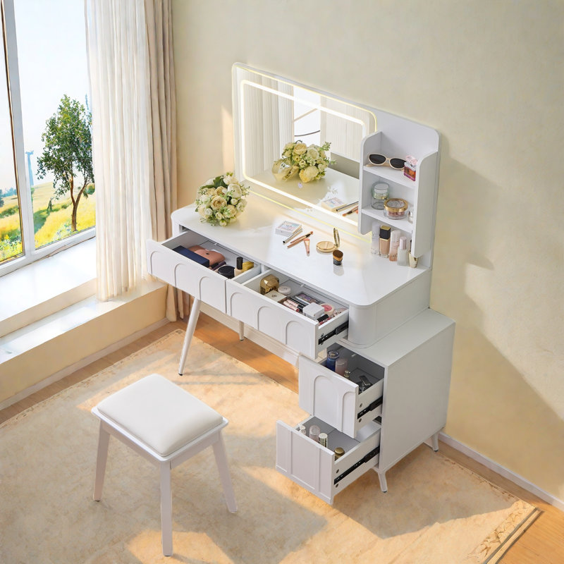 Space-saving Bedroom Vanity Desk With Led Lights, Mirror & 4-drawer Dressing Table, White