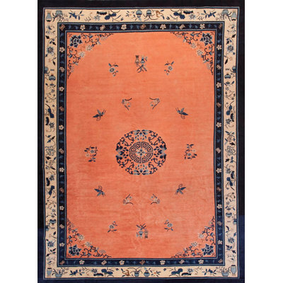 Antique Large Peking Chinese Floral, Medallion Knotted Rug