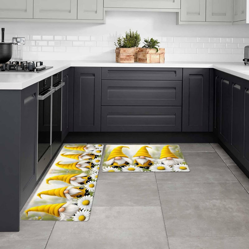 Ensemble de 2 tapis de cuisine jaune à motif de marguerites jaunes pour la cuisine et la chambre à coucher